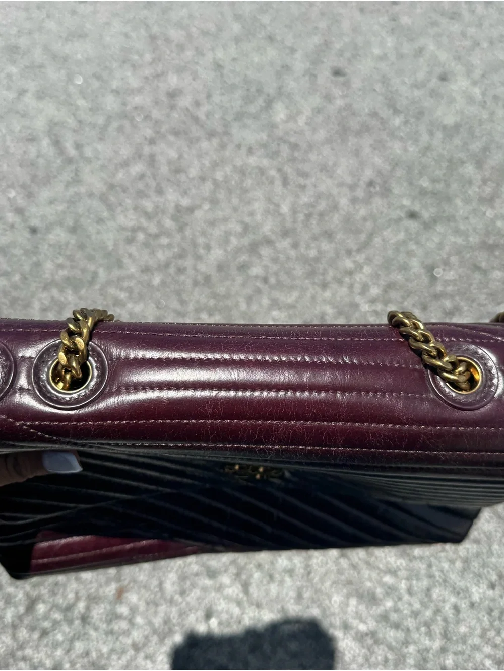 Tory Burch Quilted Chevron Convertible Clutch in Deep Burgundy with Gold Logo